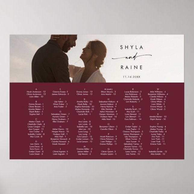 Boho-Chic-Bordeauxrotes Bild-Sitzplan Poster (Vorne)