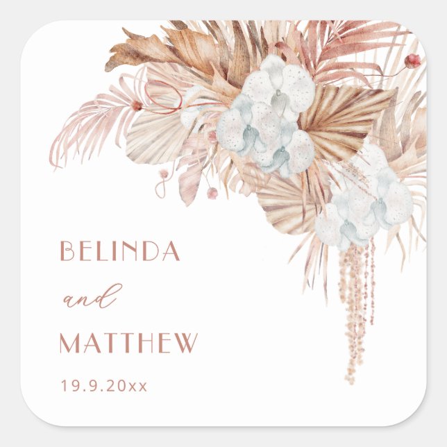 Boho Chic Botanisch | Hochzeit Quadratischer Aufkleber (Vorderseite)