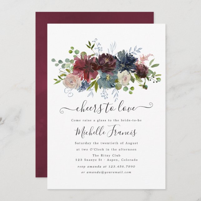 Boho Chic Burgund und Navy Weinprobe Einladung (Vorne/Hinten)