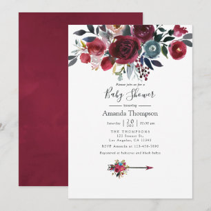 Boho Chic Burgunder und Navy Blumen Baby Shower Einladung