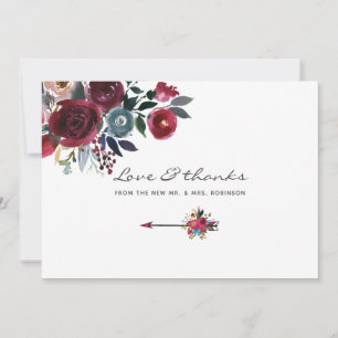 Boho Chic Burgunderrot und Navy Blumenhochzeit Dankeskarte