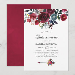Boho Chic Burgunderrot und Navy floral Quinceañera Einladung