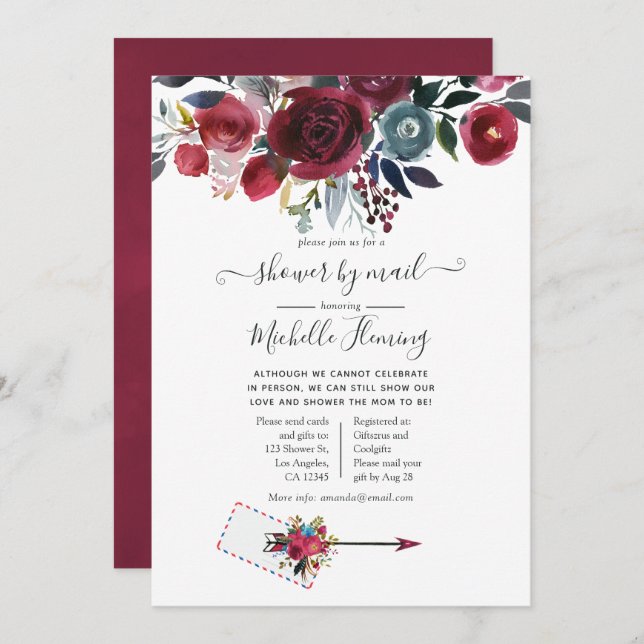 Boho Chic Burgundy and Navy Baby Shower by Mail Einladung (Vorne/Hinten)