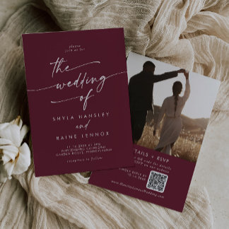 Boho Chic Burgundy Red Foto QR Code Wedding Einladung
