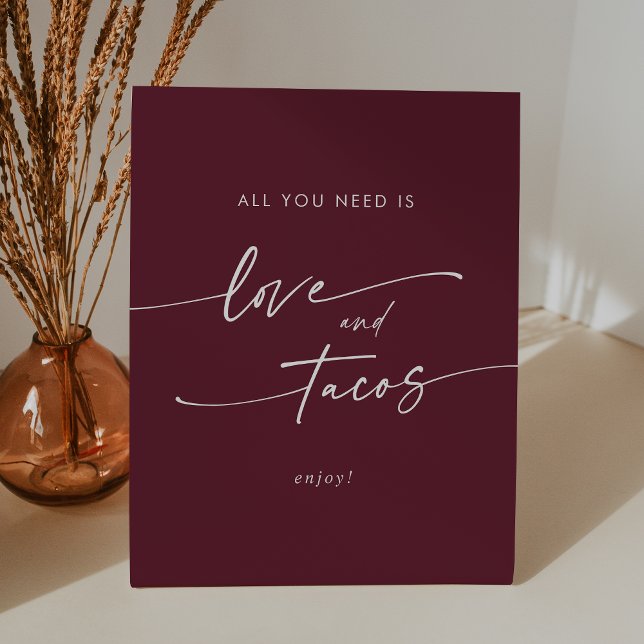 Boho Chic Burgundy Red Liebe Taco Bar Wedding Sockelschild (Boho Chic Burgundy Red Love Taco Bar Wedding Pedestal Sign)