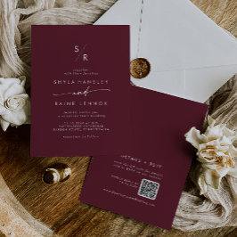 Boho Chic Burgundy Red Monogram QR Code Wedding Einladung