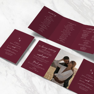 Boho Chic Burgundy Red Monogram Wedding Dreifach-gefaltete Programmkarte