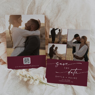 Boho Chic Burgundy Red Multi Foto QR Code Save The Date