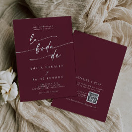 Boho Chic Burgundy Red QR Code Spanische Hochzeit Einladung