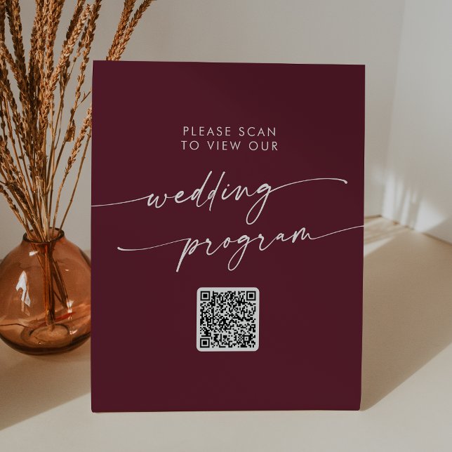 Boho Chic Burgundy Red QR Code Wedding Program Sockelschild (Von Creator hochgeladen)