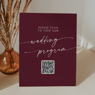 Boho Chic Burgundy Red QR Code Wedding Program Sockelschild