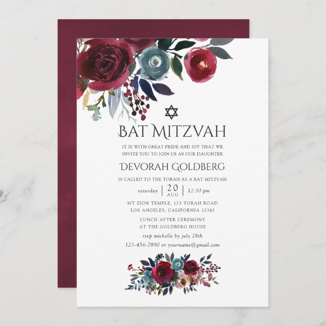 Boho Chic Burgundy und Marine Bat Mitzvah Einladung (Vorne/Hinten)