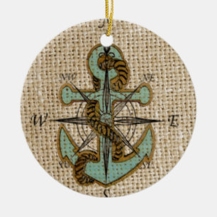 Boho chic burlap nautischer Kompass Blue Anker Keramik Ornament