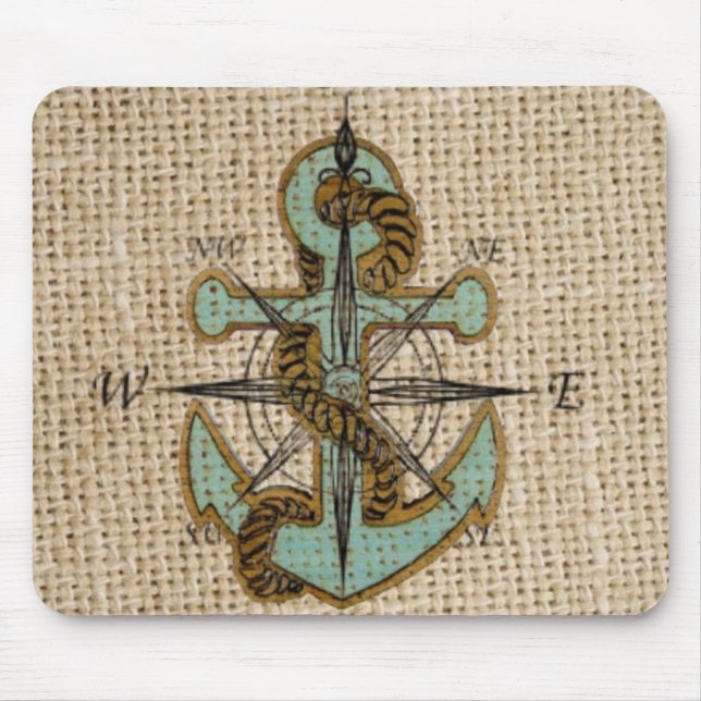 Boho chic burlap nautischer Kompass Blue Anker Mousepad (Vorne)