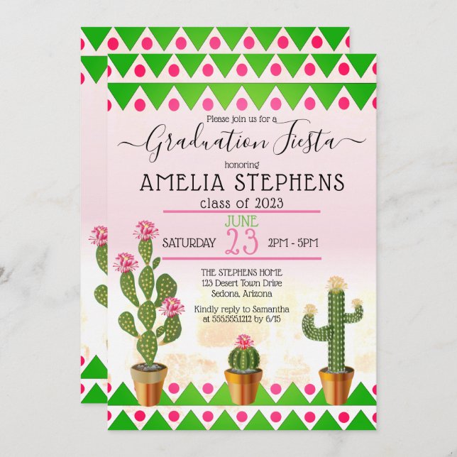 Boho Chic Cactus Fiesta Graduation Party Einladung (Vorne/Hinten)