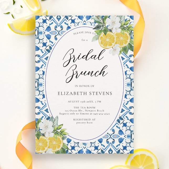 Boho Chic Citrus Italian Blue Tile Brautparty Einladung (main squeeze bridal shower theme amalfi coast blue tiles lemon floral watercolor invitation)