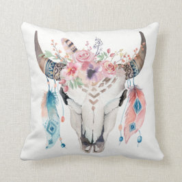 Boho Chic Cow Skull Feathers & Blume Glam Kissen