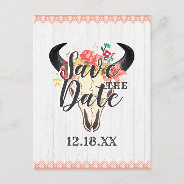 Boho Chic Cow Skull Floral Bouquets Save the Date Ankündigungspostkarte (Vorderseite)