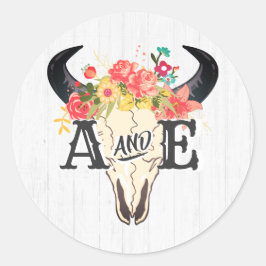 Boho Chic Cow Skull Floral Rustic Monogram Wedding Runder Aufkleber