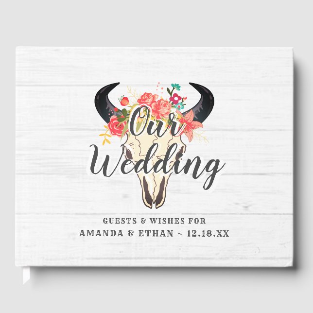 Boho Chic Cow Skull Floral Rustic Wedgram Gästebuch (Vorderseite)