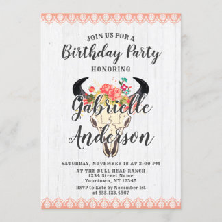 Boho Chic Cow Skull Geburtstagsparty Einladung
