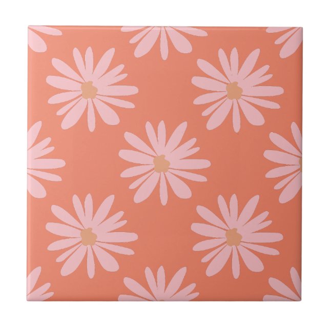 BOHO Chic Daisy Muster Peach Orange Retro Floral Fliese (Vorderseite)
