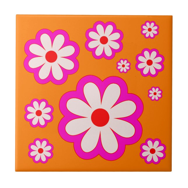 BOHO Chic Daisy Muster Pink & Orange Retro floral Fliese (Vorderseite)