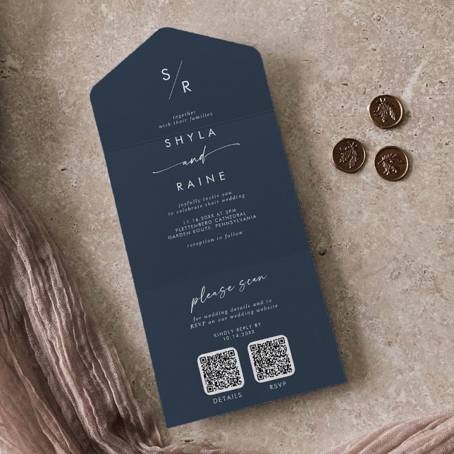 Boho Chic Dark Navy Blue Dual QR Code Hochzeit All In One Einladung (Von Creator hochgeladen)