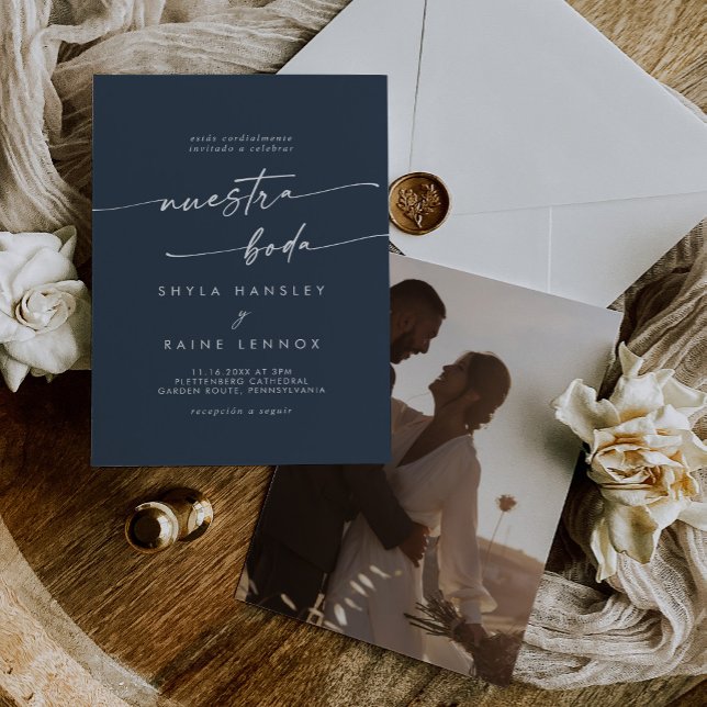 Boho Chic Dark Navy Blue Foto Spanish Wedding Einladung (Von Creator hochgeladen)