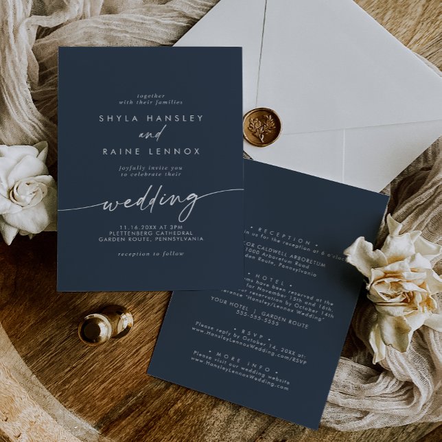 Boho Chic Dark Navy Blue Front and Back Wedding Einladung (Von Creator hochgeladen)