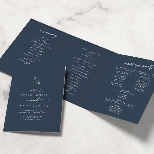Boho Chic Dark Navy Blue Monogram Wedding Dreifach-gefaltete Programmkarte (Von Creator hochgeladen)