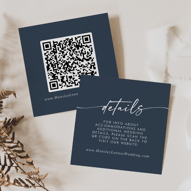 Boho Chic Dark Navy Blue Wedding QR Code Details Begleitkarte (Von Creator hochgeladen)
