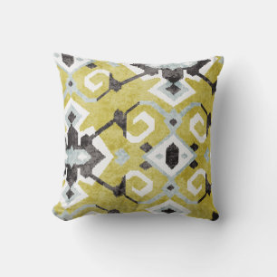 Boho-chic dunkelgrau und gelbes Ikat-Stammesmuster Kissen