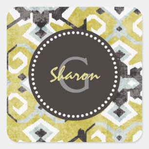 Boho-chic dunkelgrau und gelbes Ikat-Stammesmuster Quadratischer Aufkleber