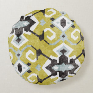 Boho-chic dunkelgrau und gelbes Ikat-Stammesmuster Rundes Kissen