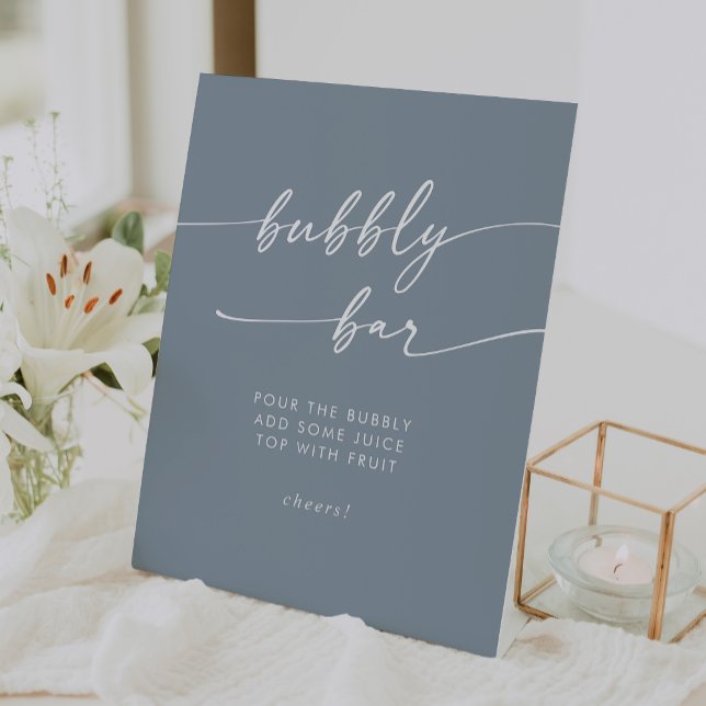 Boho Chic Dusty Blue Bubbly Bar Wedding Sockelschild (Boho Chic Dusty Blue Bubbly Bar Wedding Pedestal Sign)