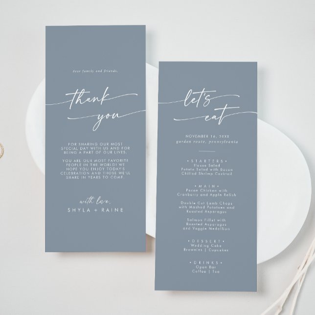 Boho Chic Dusty Blue Danke und Hochzeit Menükarte (Von Creator hochgeladen)