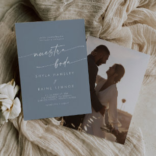 Boho Chic Dusty Blue Foto Spanish Wedding Einladung