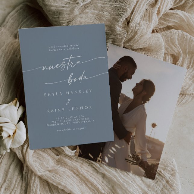 Boho Chic Dusty Blue Foto Spanish Wedding Einladung (Von Creator hochgeladen)