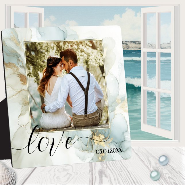 Boho Chic Dusty Blue Gold Foto Plaque Fotoplatte (Wedding photo plaque featuring a modern boho chic design in dusty blue and gold with your photo)