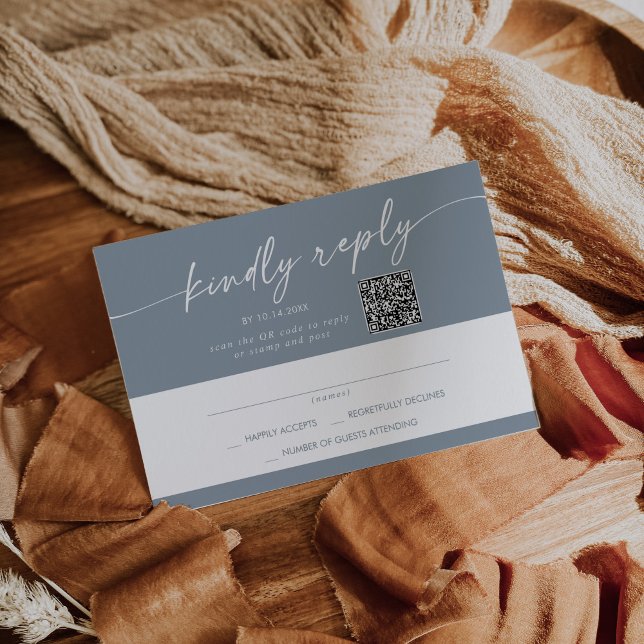 Boho Chic Dusty Blue Mail In und QR Code RSVP Karte (Von Creator hochgeladen)