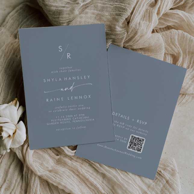 Boho Chic Dusty Blue Monogram QR Code Wedding Einladung (Von Creator hochgeladen)