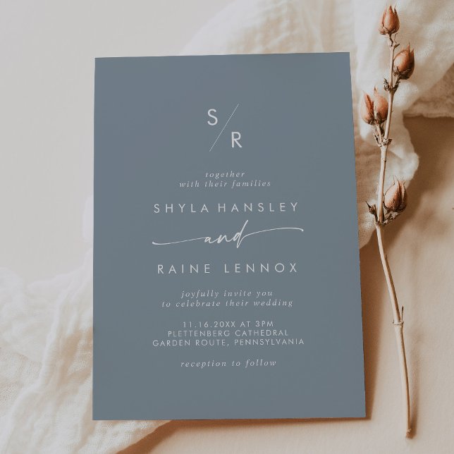 Boho Chic Dusty Blue Monogram Wedding Einladung (Von Creator hochgeladen)