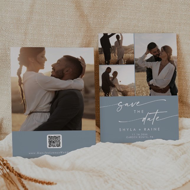 Boho Chic Dusty Blue Multi Foto QR Code Save The Date (Von Creator hochgeladen)