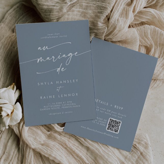 Boho Chic Dusty Blue QR Code Französisch Hochzeit Einladung (Von Creator hochgeladen)