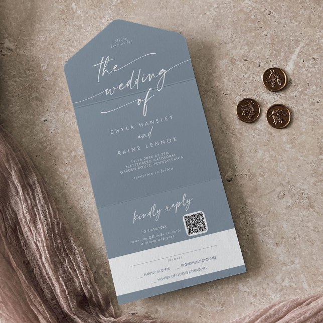 Boho Chic Dusty Blue QR Code Mail bei Hochzeit All In One Einladung (Von Creator hochgeladen)