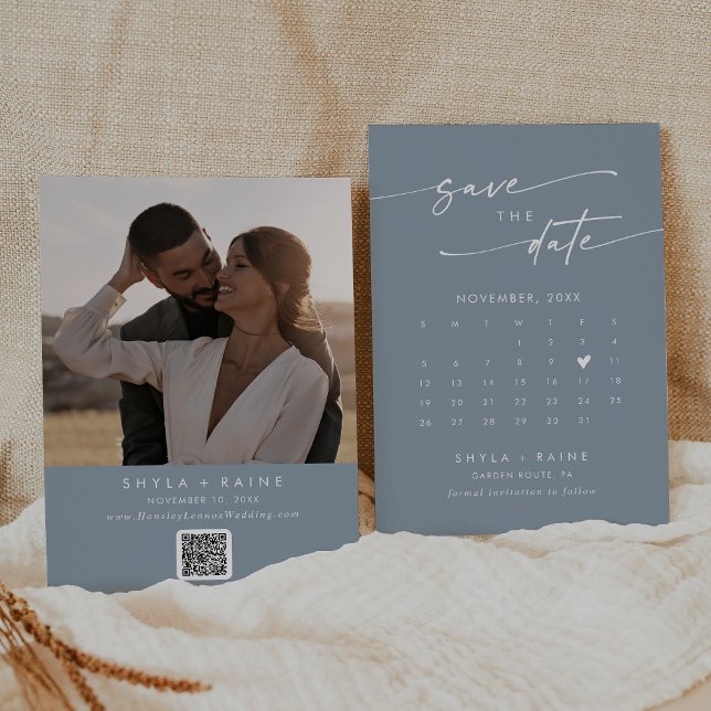 Boho Chic Dusty Blue QR Foto Calendar Save The Date (Von Creator hochgeladen)