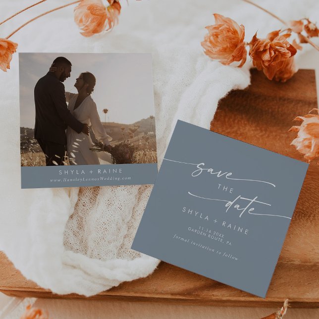 Boho Chic Dusty Blue Square Foto Zurück Save The Date (Von Creator hochgeladen)