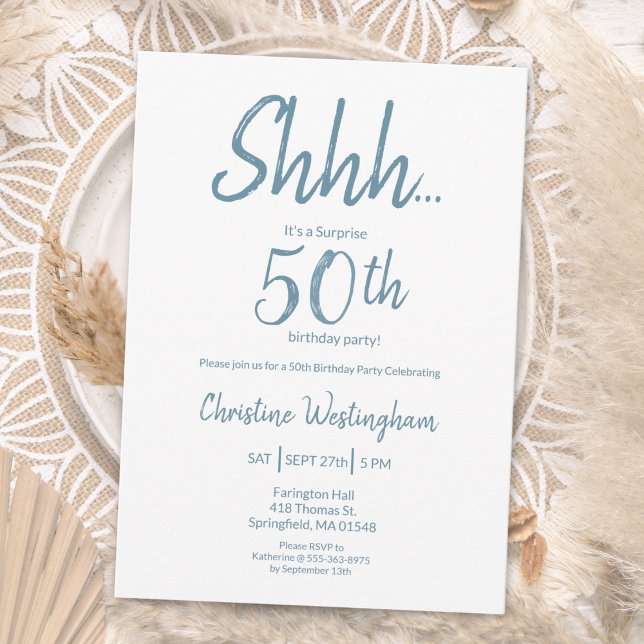 Boho Chic Dusty Blue White Surprise 50th Birthday Einladung (Von Creator hochgeladen)