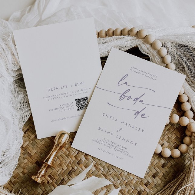 Boho Chic Dusty Lila QR Code Spanische Hochzeit Einladung (Von Creator hochgeladen)